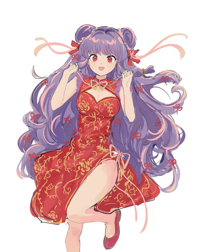 1girl, 88_77k, absurdres, cleavage_cutout, clothing_cutout, commentary, double_bun, dress, floral_print, hair_bun, hair_ribbon, highres, long_hair, open_mouth, purple_hair, ranma_1/2, red_dress, red_eyes, red_ribbon, ribbon, shampoo_(ranma_1/2), side_slit, simple_background, smile, untranslatable_commentary, white_background