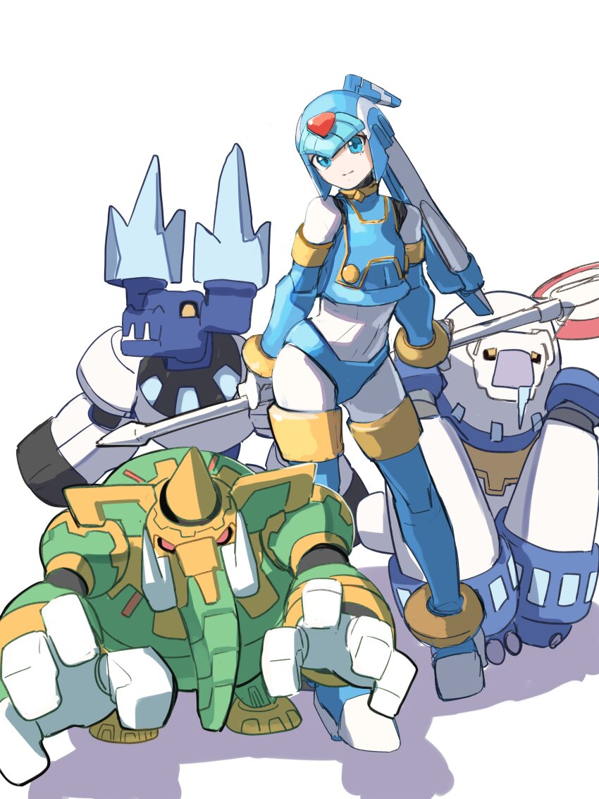 1girl, absurdres, armor, blizzack_staggroff, blue_armor, blue_helmet, commentary_request, fairy_leviathan_(mega_man)