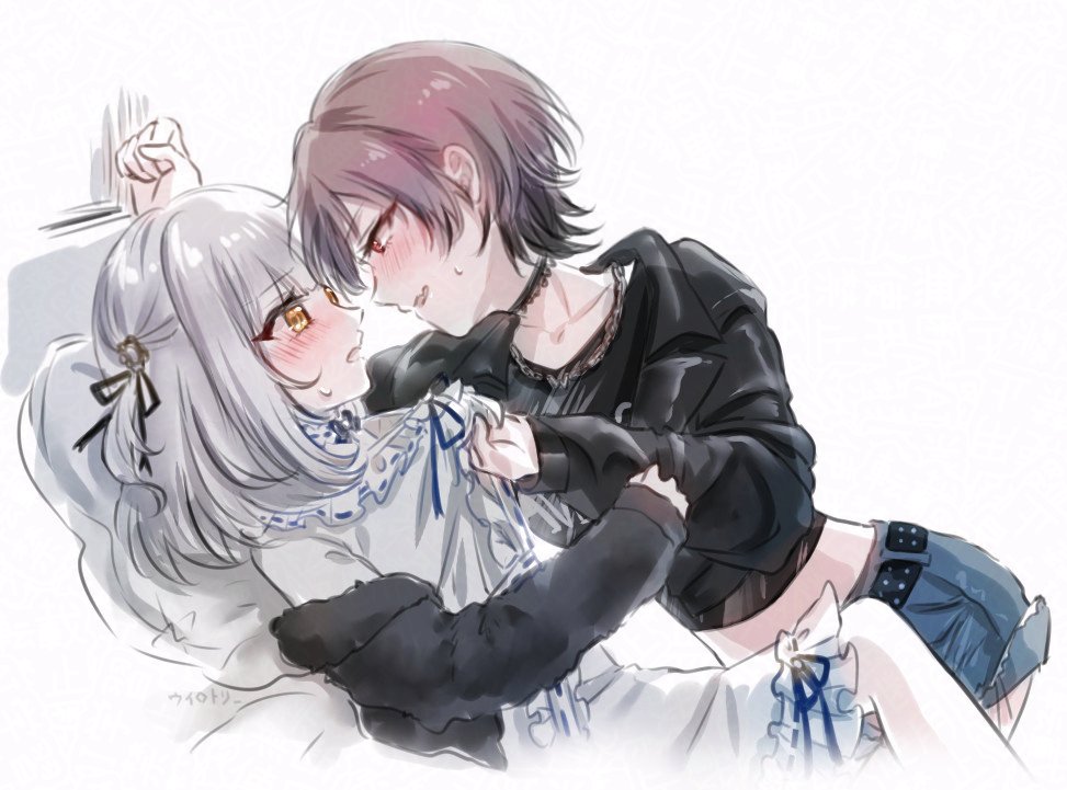 2girls, black_choker, black_jacket, black_shirt, blue_shorts, blush, character_request, choker