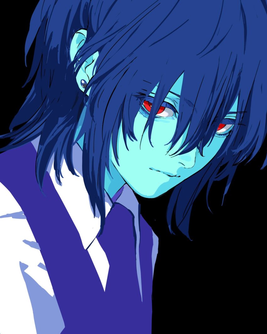 1other, aegyo_sal, black_background, blue_hair, blue_skin, bob_cut, closed_mouth, collared_shirt