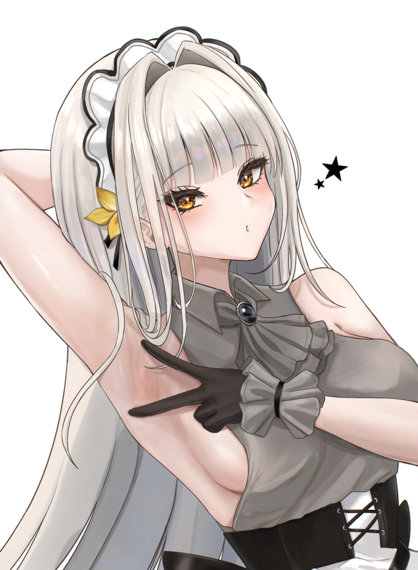 1girl, absurdres, apron, arm_behind_head, arm_up, armpit_focus, armpits, bare_shoulders, black_gloves, blanc_(nikke), breasts, brown_eyes, closed_mouth, commentary_request, gloves, goddess_of_victory:_nikke, grey_hair, grey_shirt, hair_intakes, highres, long_hair, looking_at_viewer, maid, maid_headdress, medium_breasts, shirt, sideboob, simple_background, sleeveless, sleeveless_shirt, solo, spread_armpit, star_(symbol), sunameri_(pixiv3564245), upper_body, very_long_hair, waist_apron, white_apron, white_background