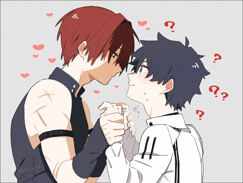 2boys, ?, ??, aki_ra1118, armband, black_eyes, blue_eyes, blush, fate/grand_order, fate_(series), fujimaru_ritsuka_(male), grey_background, harada_sanosuke_(fate), heart, highres, holding_hands, jacket, looking_at_another, male_focus, multiple_boys, multiple_scars, profile, red_hair, scar, scar_on_arm, shirt, short_hair, simple_background, sleeveless, sleeveless_shirt, sweatdrop, toned, toned_male, upper_body, yaoi