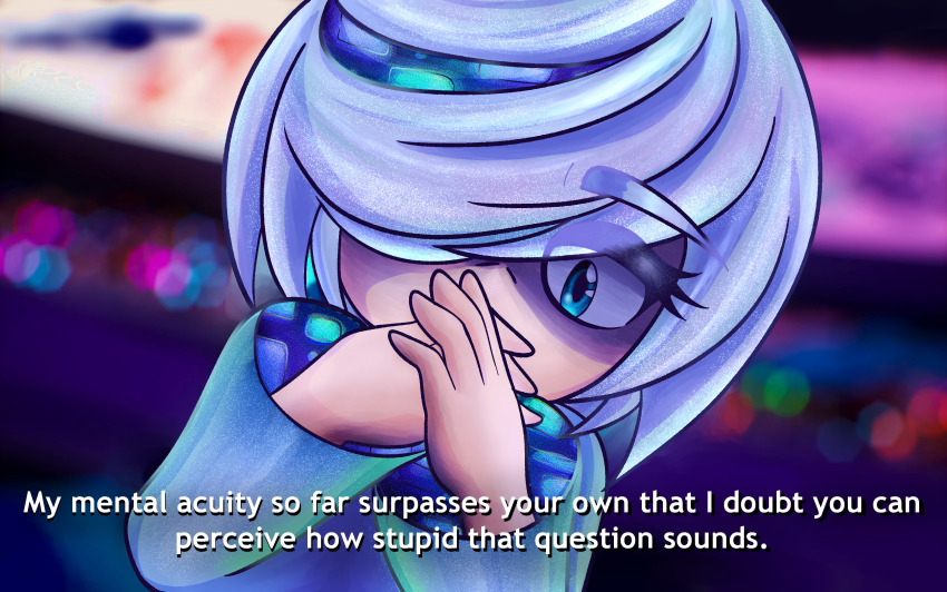 1girl, absurdres, blue_dress, blue_eyes, blurry, blurry_background, commentary, covering_own_mouth, dress, english_commentary, english_text, hair_over_one_eye, highres, kevinjp, long_sleeves, looking_at_viewer, sage_(sonic), short_hair, solo, sonic_(series), sonic_racing:_crossworlds, upper_body, white_hair