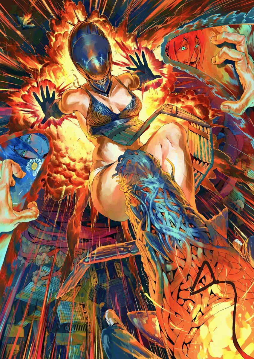 1girl, apron, bare_shoulders, beam_(chainsaw_man), black_apron, black_gloves, bomb_devil_(chainsaw_man), breasts