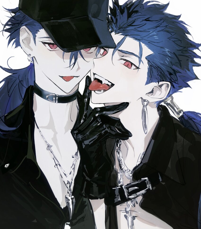 2boys, absurdres, black_gloves, black_shirt, blue_hair, chain, chain_necklace, choker