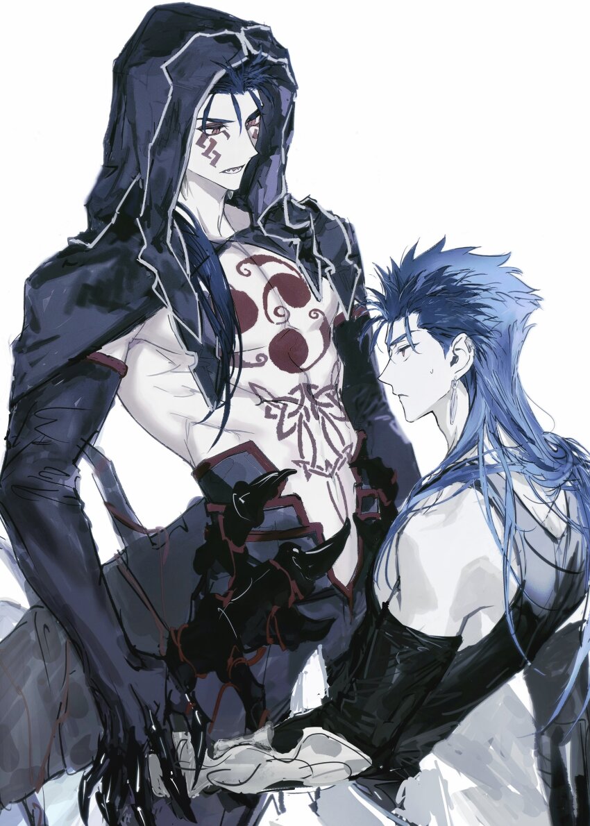 2boys, absurdres, blue_hair, claws, cu_chulainn_(caster)_(fate), cu_chulainn_(fate), cu_chulainn_alter_(fate), dual_persona
