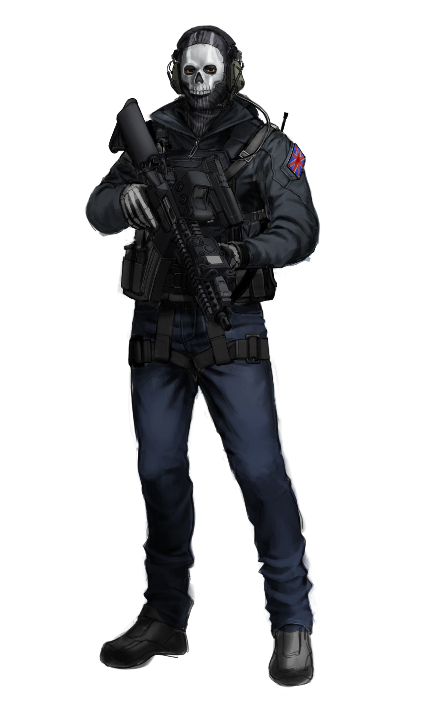 1boy, absurdres, ammunition_pouch, assault_rifle, black_boots, black_gloves, black_mask, blue_jacket, boots, brown_eyes, bt_(user_udwc7853), bulletproof_vest, call_of_duty, call_of_duty:_modern_warfare_2, chest_holster, commentary, denim, ear_protection, english_commentary, eotech, facepaint, flag_patch, ghost_(modern_warfare_2), glock, gloves, gun, handgun, headset, highres, holding, holding_gun, holding_weapon, holster, jacket, jeans, lapels, laser_sight, load_bearing_vest, long_sleeves, m4_carbine, magazine_(weapon), male_focus, mask, military, military_operator, optical_sight, pants, pouch, rifle, simple_background, skeleton_print, skull_mask, solo, standing, tactical_clothes, trigger_discipline, unfinished, union_jack, weapon, white_background