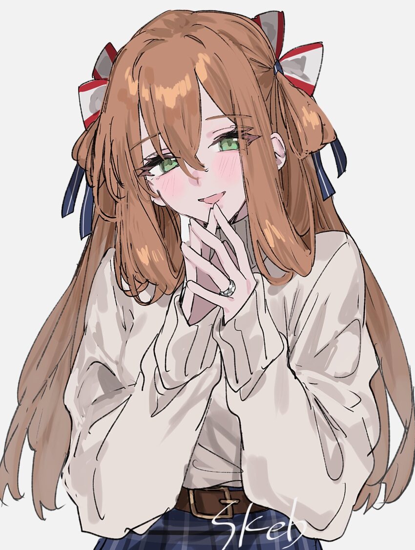 1girl, :d, alternate_costume, aogisa, belt, belt_buckle, blue_ribbon, blue_skirt, blush, bow, brown_belt, brown_hair, buckle, casual, commentary_request, commission, double-parted_bangs, girls'_frontline, green_eyes, grey_background, hair_between_eyes, hair_bow, hair_rings, hands_up, highres, jewelry, long_hair, long_sleeves, looking_at_viewer, open_mouth, own_hands_together, plaid_clothes, plaid_skirt, quad_hair_rings, ribbon, ring, ring_sidelocks, side_up_ring, sidelocks, simple_background, skeb_commission, skirt, smile, solo, springfield_(girls'_frontline), steepled_fingers, sweater, sweater_tucked_in, turtleneck, turtleneck_sweater, upper_body, w_arms, watermark, wedding_ring, white_bow, white_sweater