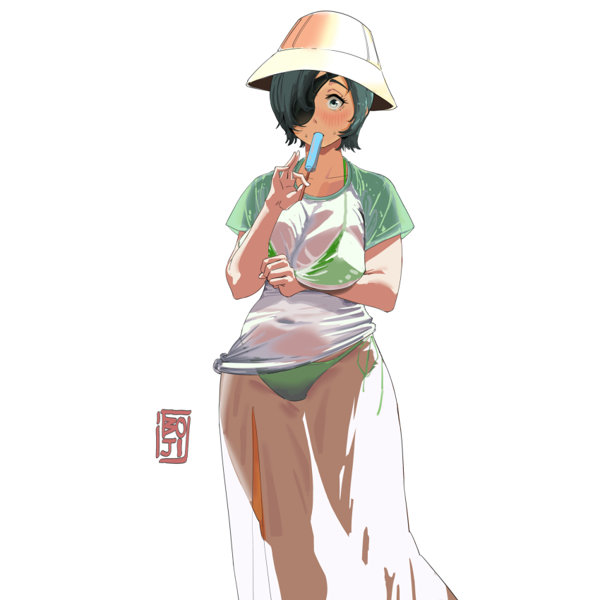 1girl, arm_under_breasts, bikini, bikini_under_clothes, black_hair, blush, boji_norn, breasts