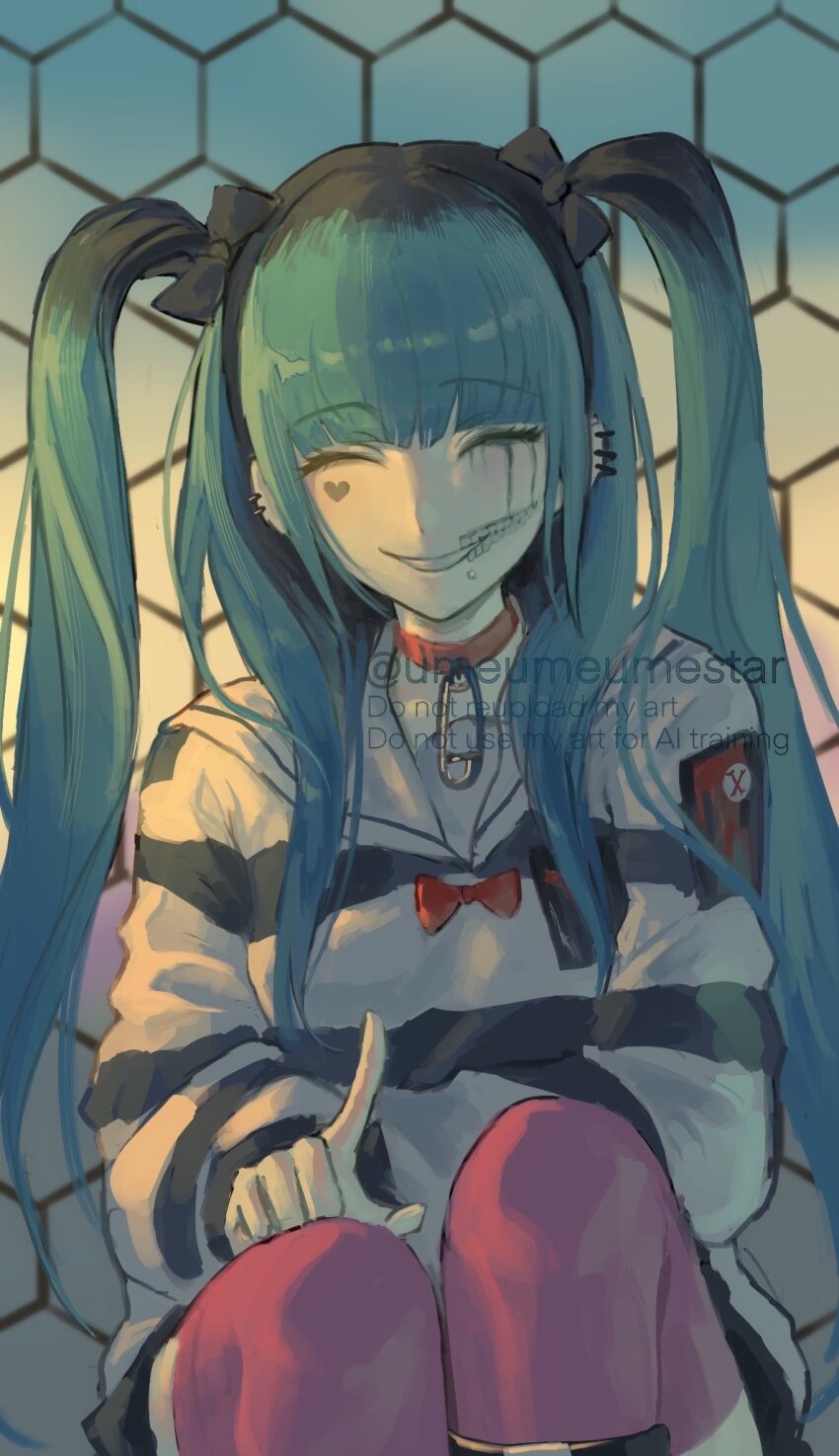 1girl, ^_^, amemiya_darumi, black_bow, black_hair, blue_hair, bow, choker