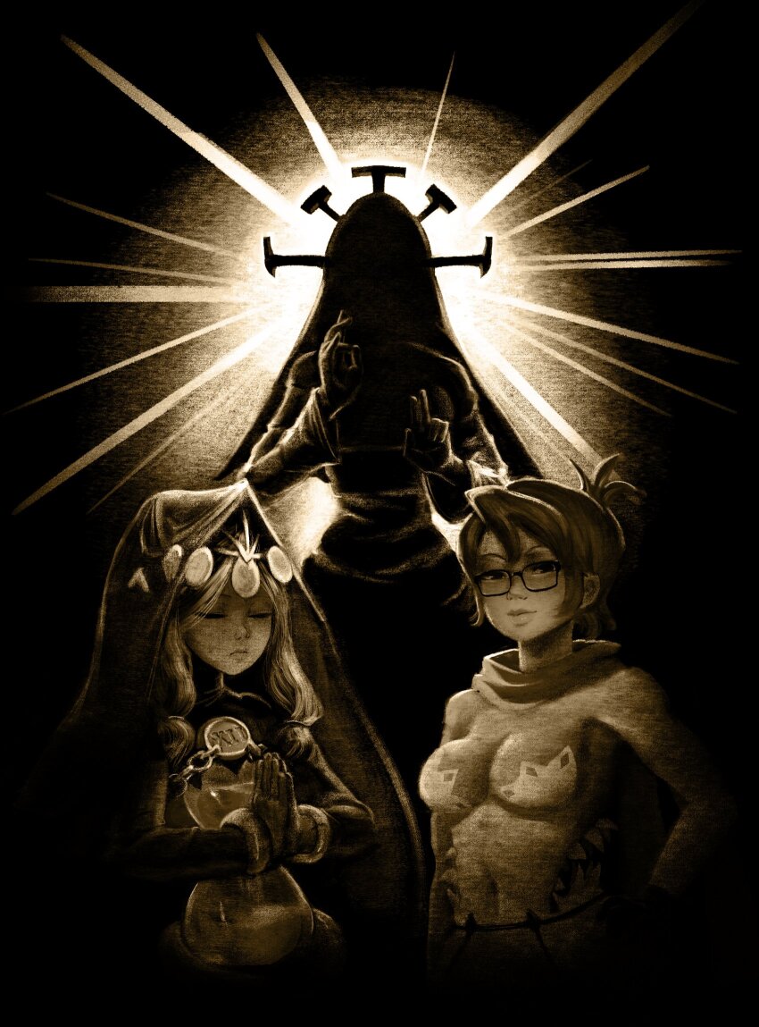 3girls, aeon_(skullgirls), bracelet, closed_eyes, crown, facing_viewer, folded_ponytail, glasses