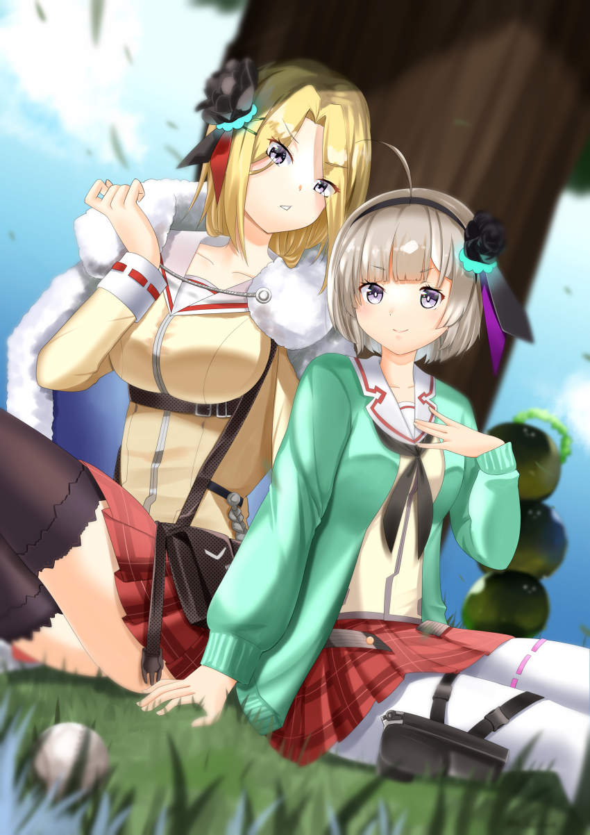 2girls, absurdres, ahoge, bag, black_flower, black_hairband, black_rose, blonde_hair
