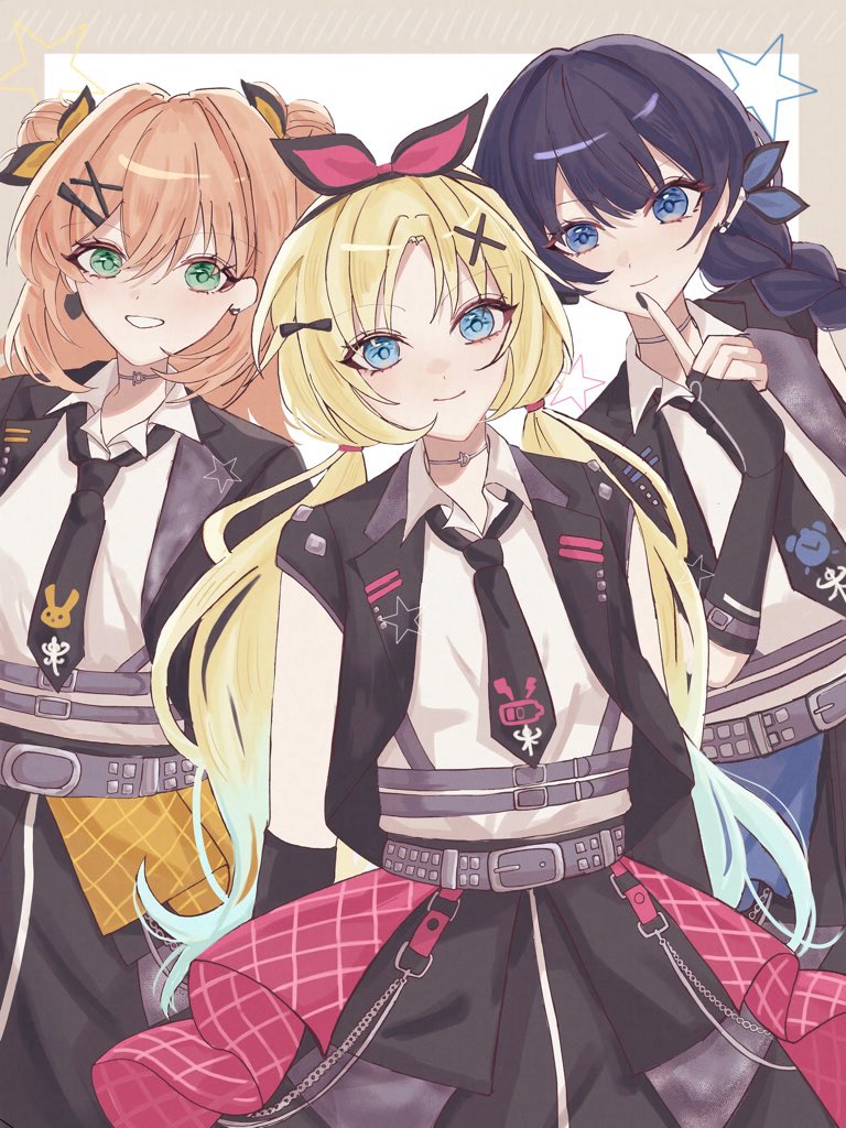 3girls, black_jacket, black_necktie, black_skirt, blonde_hair, blue_eyes, blue_hair, braid, commentary, double_bun, finger_to_own_chin, gradient_hair, grin, hair_bun, hair_ornament, hasu_no_sanrenka, hinoshita_kaho, i_do_me!_(love_live!), jacket, link!_like!_love_live!, long_braid, looking_at_viewer, love_live!, low_twintails, medium_hair, minase_(r_002_i), multicolored_hair, multiple_girls, murano_sayaka, necktie, official_alternate_costume, open_clothes, open_jacket, orange_hair, osawa_rurino, shirt, short-sleeved_jacket, short_sleeves, single_braid, skirt, smile, twintails, virtual_youtuber, white_shirt, x_hair_ornament