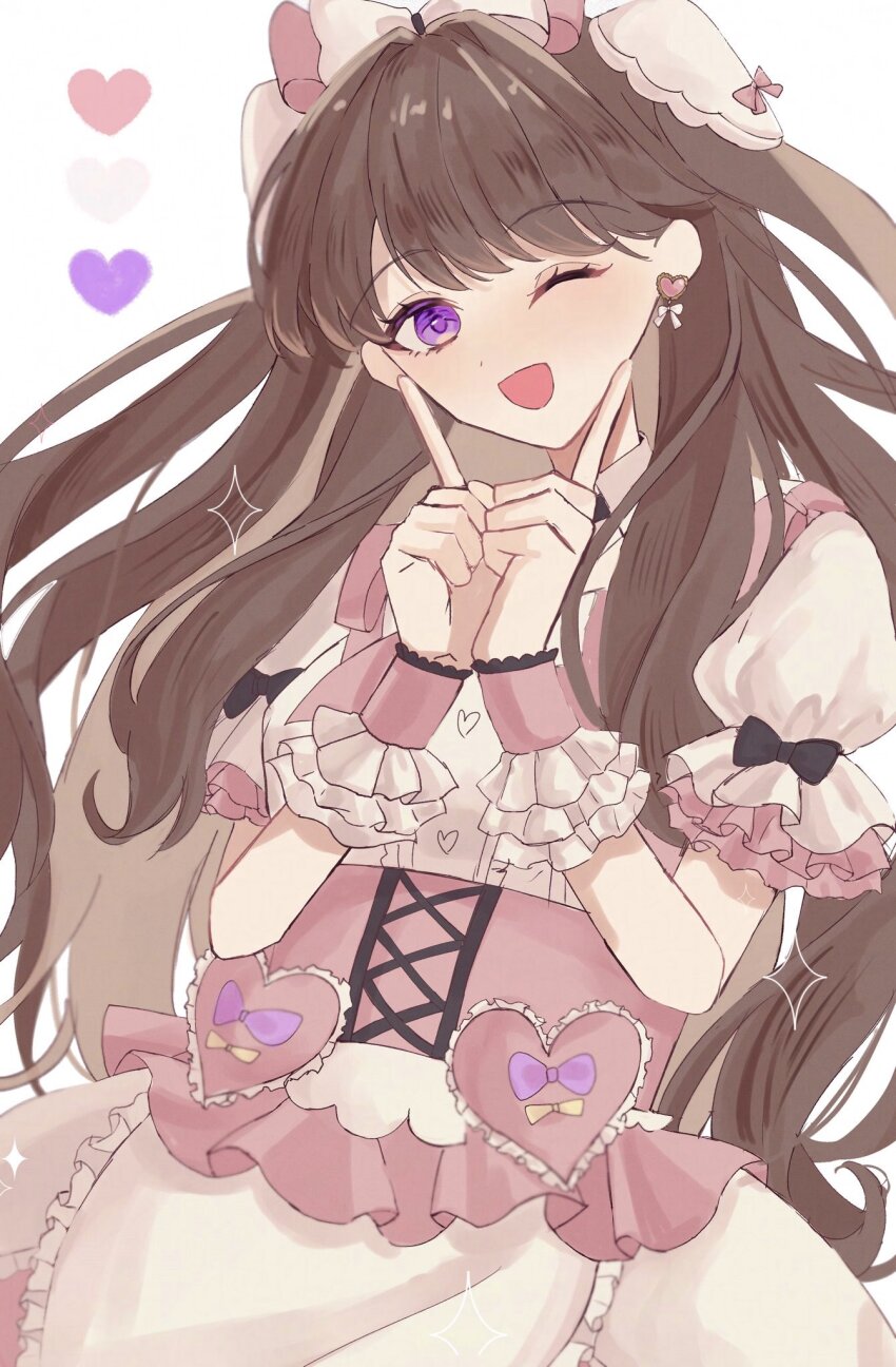 1girl, ;d, bow, brown_hair, commentary_request, cross-laced_clothes, cross-laced_dress, dress