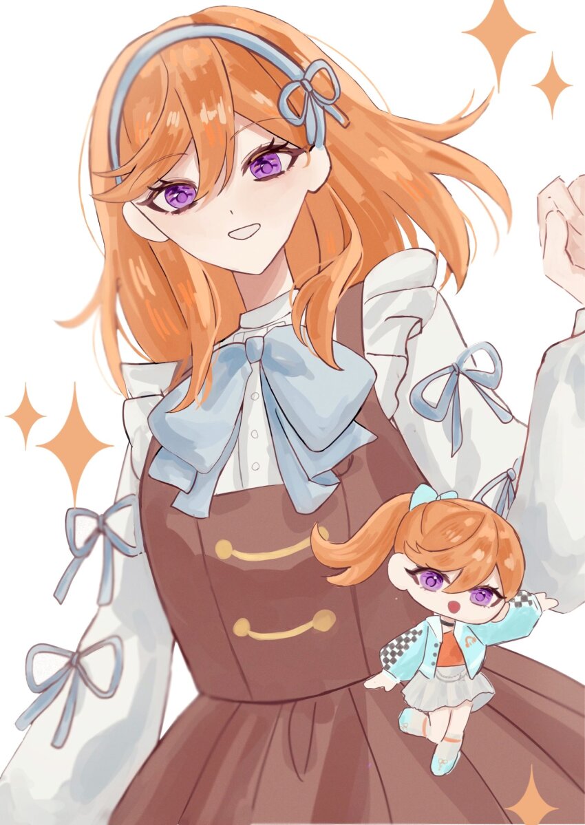 1girl, :d, blue_bow, blue_jacket, bow, bowtie, brown_dress, checkered_sleeves