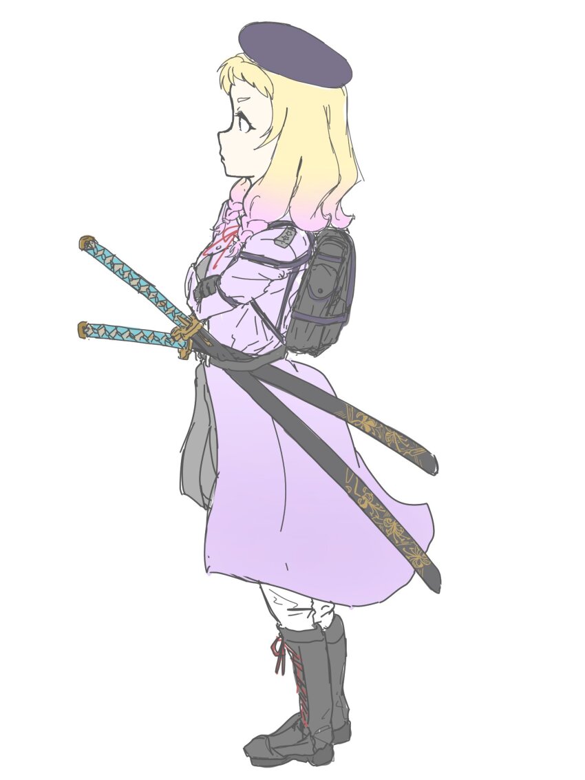 1girl, aspire_(love_live!), backpack, bag, beret, black_bag, black_boots, black_hat