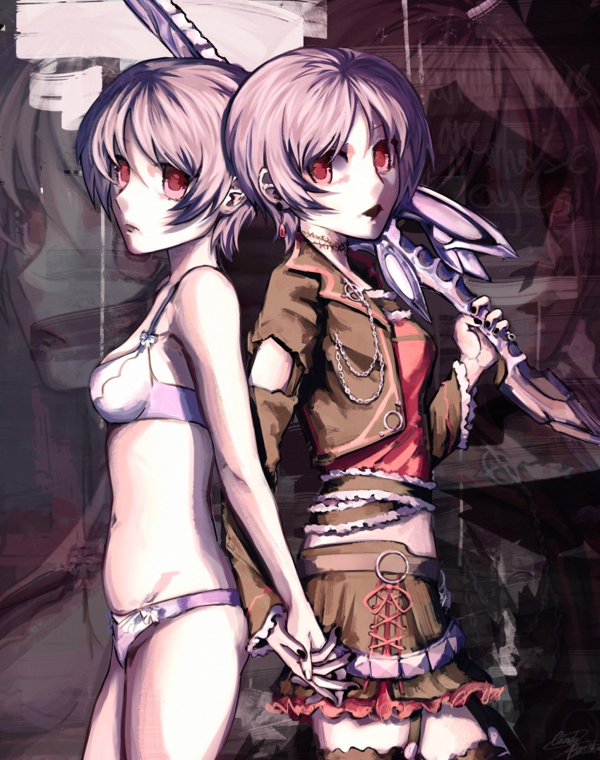 2girls, absurdres, bra, breasts, candyborsch, chaos;head, cleavage, d-sword
