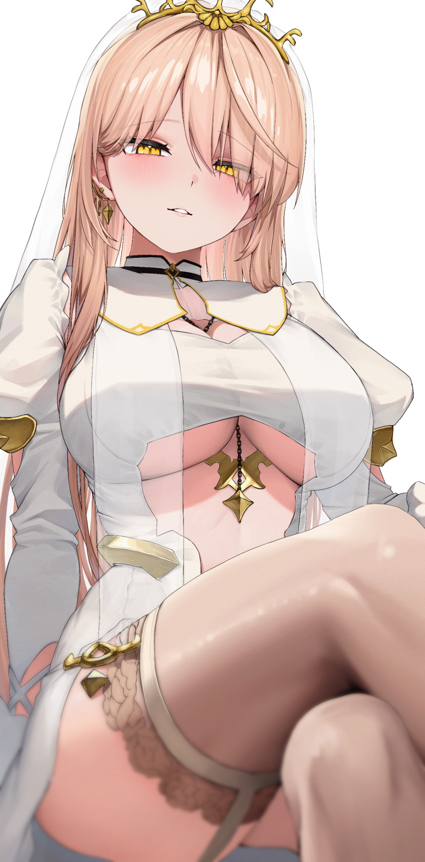 1girl, absurdres, amatou_(ko_me_9), blonde_hair, blurry, breast_curtains, breasts, brown_thighhighs