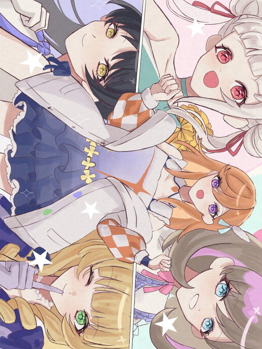 5girls, :d, bare_shoulders, black_hair, blonde_hair, blue_dress, blue_eyes, blunt_bangs, coat, commentary_request, double_bun, dress, drill_hair, drill_sidelocks, frilled_dress, frills, gloves, gradient_clothes, gradient_dress, green_eyes, grey_hair, grin, hair_bun, hajimari_wa_kimi_no_sora, highres, liella!_first_generation, long_hair, looking_at_viewer, love_live!, love_live!_superstar!!, minase_(r_002_i), multiple_girls, nonfiction!!_(love_live!), open_mouth, orange_hair, purple_dress, purple_eyes, purple_gloves, red_eyes, short_dress, sidelocks, sideways, single-shoulder_dress, single_bare_shoulder, single_off_shoulder, sleeveless, sleeveless_dress, smile, tang_keke, tiny_stars, tokonatsu_sunshine, twintails, white_coat, white_dress, white_hair, wish_song_(love_live!), yellow_eyes