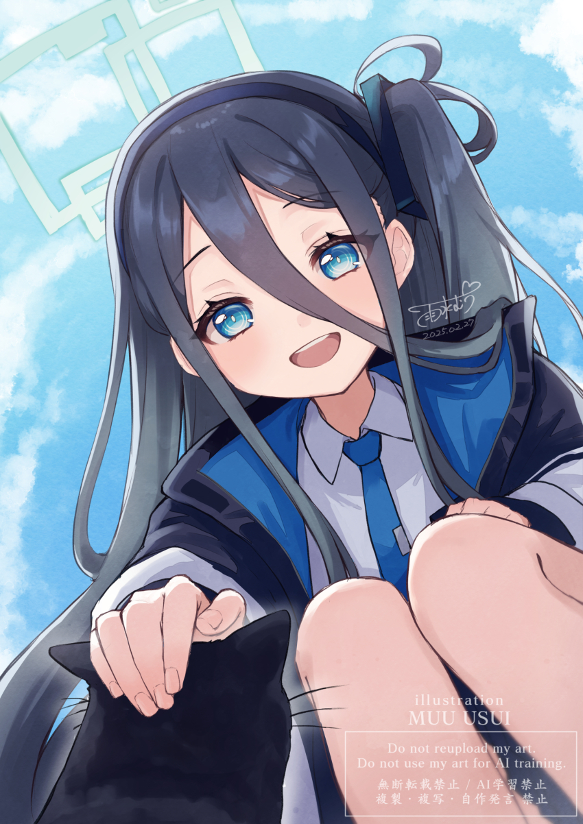 1girl, :d, absurdres, animal, aqua_halo, aris_(blue_archive), artist_name, black_cat