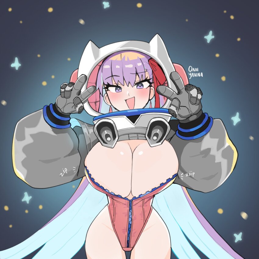1girl, animal_ear_helmet, animal_ears_helmet, animal_helmet, artist_name, bare_legs, bb_(fate), bb_cosmo_(fate), blush, breasts, breasts_squeezed_together, cat_helmet, cleavage, cowboy_shot, dot_nose, double_v, fate/grand_order, fate_(series), floating, full-length_zipper, hair_ribbon, hands_up, helmet, highres, huge_breasts, long_hair, looking_at_viewer, oniiyanna, open_mouth, partially_unzipped, purple_eyes, purple_hair, ribbon, smile, space, space_helmet, spacesuit, v, very_long_hair, wide_sleeves, zipper