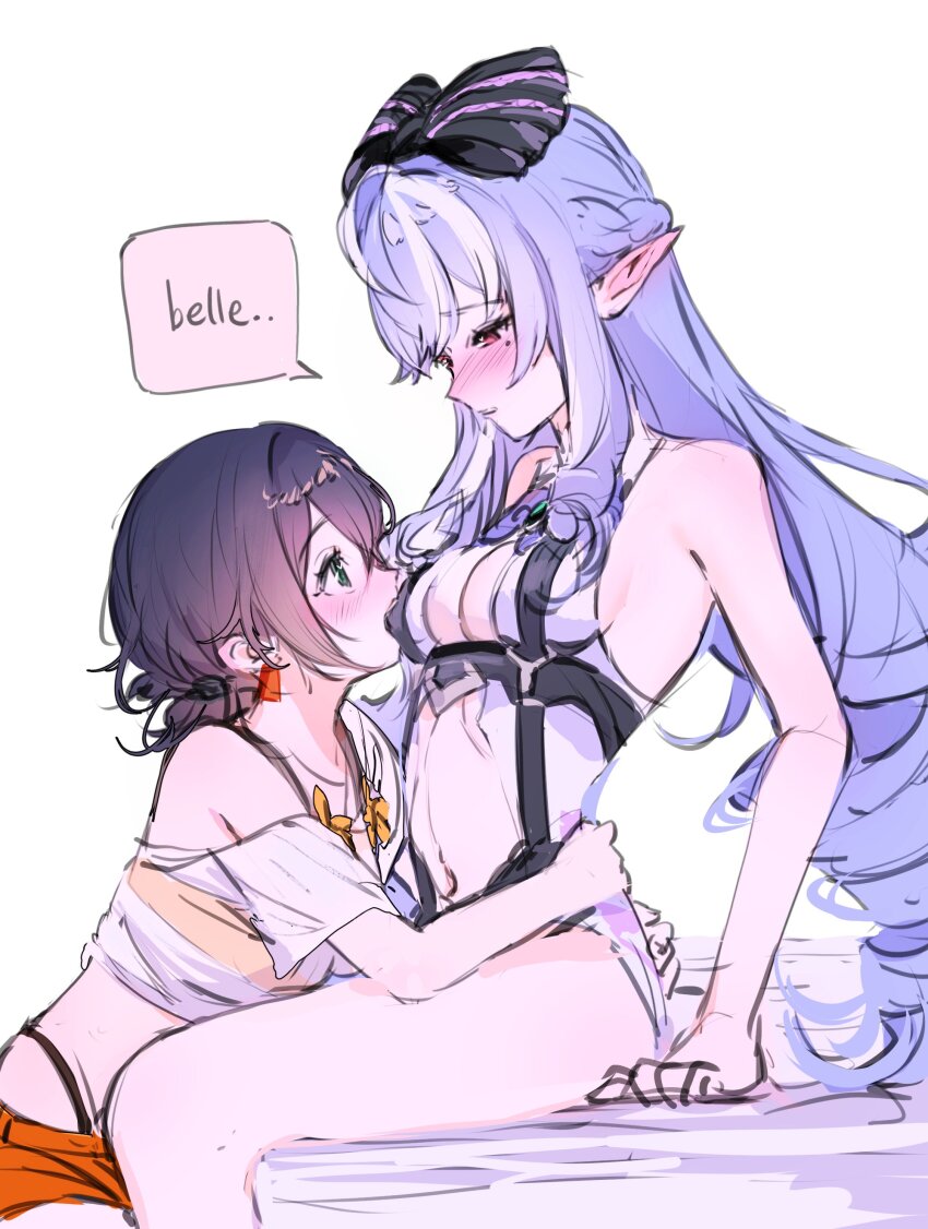 2girls, absurdres, bare_arms, belle_(zenless_zone_zero), blue_hair, blush, breast_biting, breasts