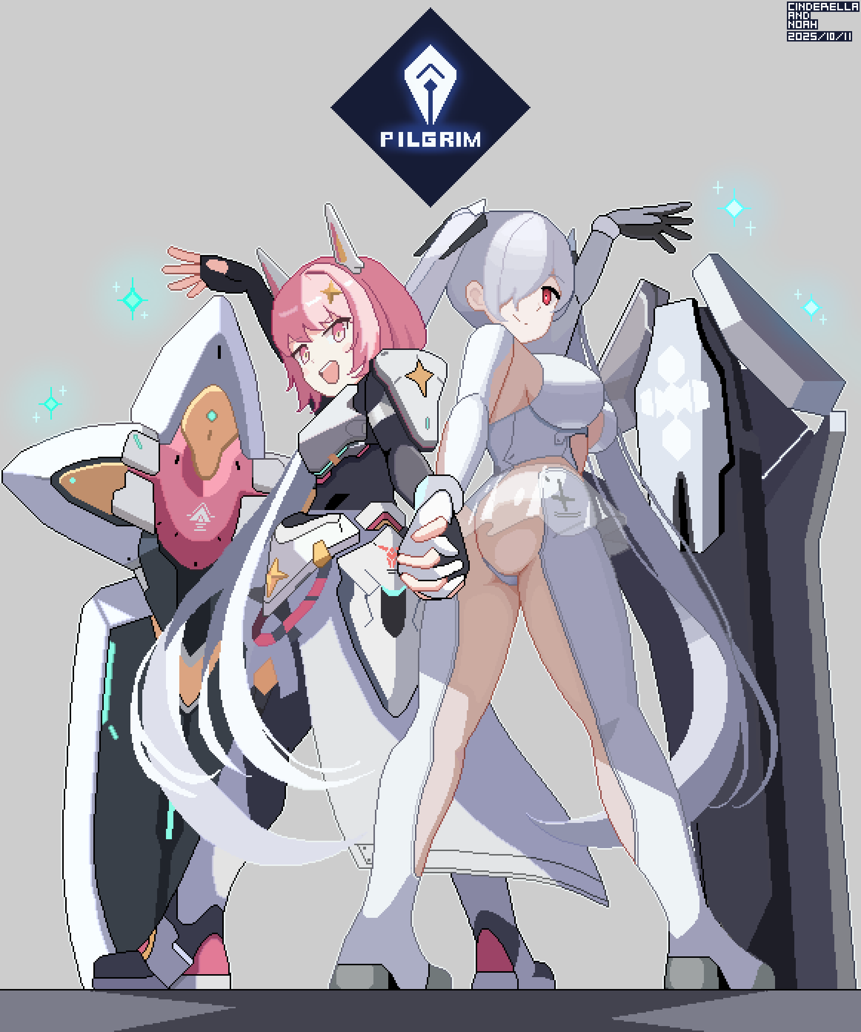 2girls, armor, armored_bodysuit, armored_boots, armored_gloves, armored_skirt, armpit_cutout, ass