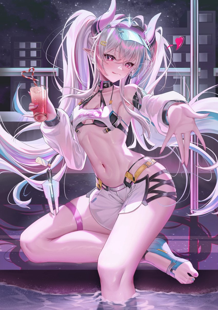 1girl, absurdres, armpits, bare_shoulders, barefoot, belt, bikini, black_bikini, black_choker, blue_nails, blue_streaks, blue_trim, blush, breasts, building, chinese_commentary, choker, closed_mouth, collarbone, commentary_request, crazy_straw, criss-cross_straps, crossed_bangs, cup, detached_sleeves, drinking_glass, drinking_straw, feet, fingernails, floating_hair, glint, hair_between_eyes, heart, heart_straw, highres, holding, holding_cup, horizontal_pupils, horns, jetavie:_daybreak_(pgr), jetavie:_daybreak_(sunny_splash)_(pgr), jetavie_(pgr), juice, kordilia, layered_bikini, legs, licking_lips, long_fingernails, long_hair, long_sleeves, looking_at_viewer, mechanical_tail, medium_breasts, mismatched_pupils, multicolored_hair, nail_polish, navel, night, official_alternate_costume, open_hand, outdoors, outstretched_arm, pink_eyes, pink_horns, pink_nails, pink_streaks, pointy_ears, pole, pool, poolside, punishing:_gray_raven, railing, shorts, sitting, sky, soaking_feet, solo, star_(sky), starry_sky, stomach, swimsuit, symbol-shaped_pupils, tail, thigh_strap, thighs, toenail_polish, toenails, toes, tongue, tongue_out, twintails, very_long_hair, visor_cap, water, wet, white_hair, white_shorts, x-shaped_pupils, yellow_belt