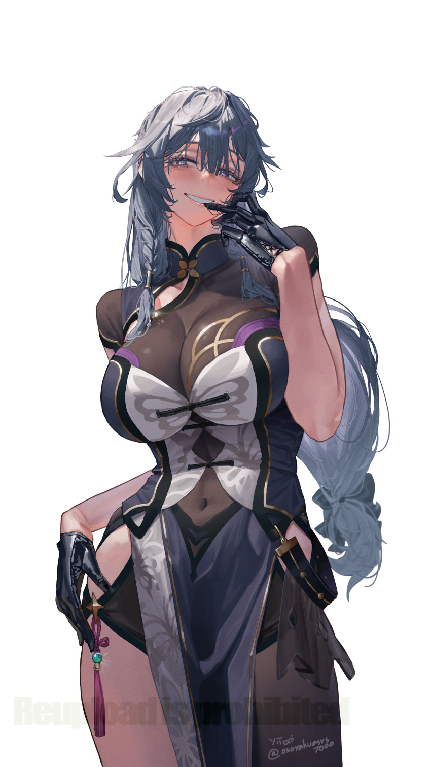 1girl, absurdres, black_dress, black_gloves, braid, breasts, china_dress, chinese_clothes