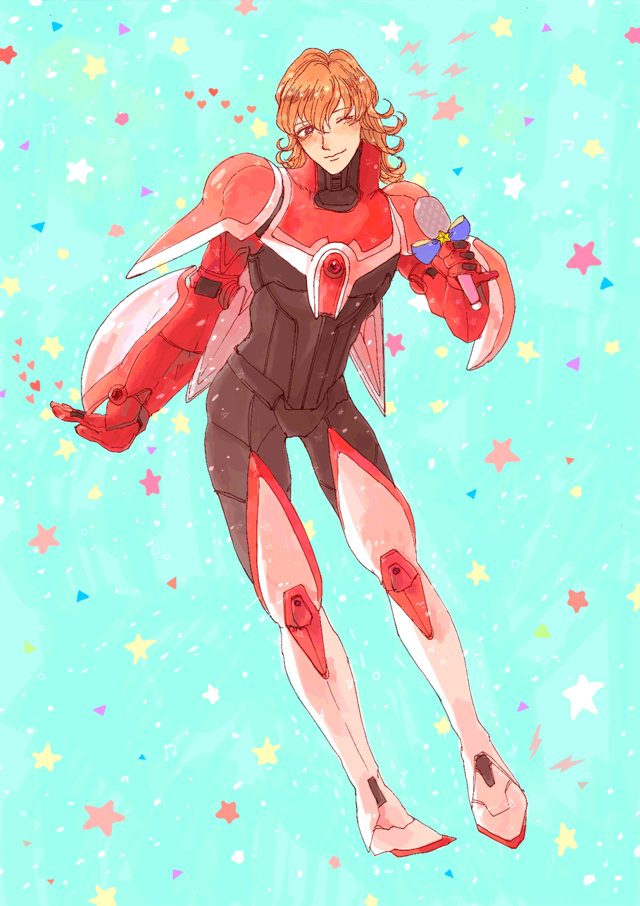 10s, 1boy, armor, bad_id, bad_pixiv_id, barnaby_brooks_jr., blonde_hair, erika_(sakana0529), full_body, green_eyes, heart, highres, male_focus, microphone, mikumikudance, one_eye_closed, power_armor, power_suit, solo, superhero_costume, tiger_&amp;_bunny, wink