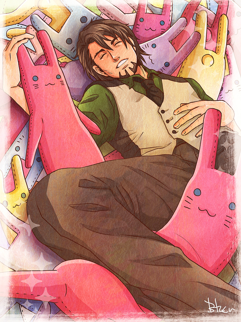 10s, 1boy, bad_id, bad_pixiv_id, bohe, brown_hair, facial_hair, highres