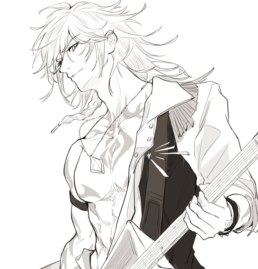 1boy, abs, armband, black_armband, chest_tattoo, chinese_commentary, coat, commentary_request