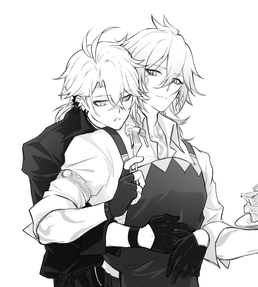 2boys, absurdres, antenna_hair, apron, arm_tattoo, black_apron, black_gloves, black_shirt