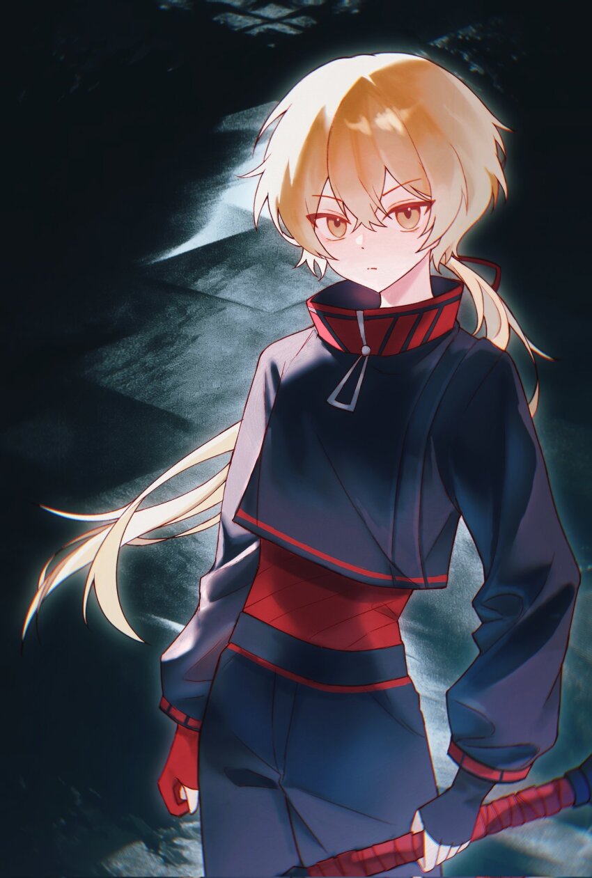 1boy, alternate_costume, asymmetrical_gloves, bishounen, black_gloves, blonde_hair, buhuaixiaoguai, closed_mouth