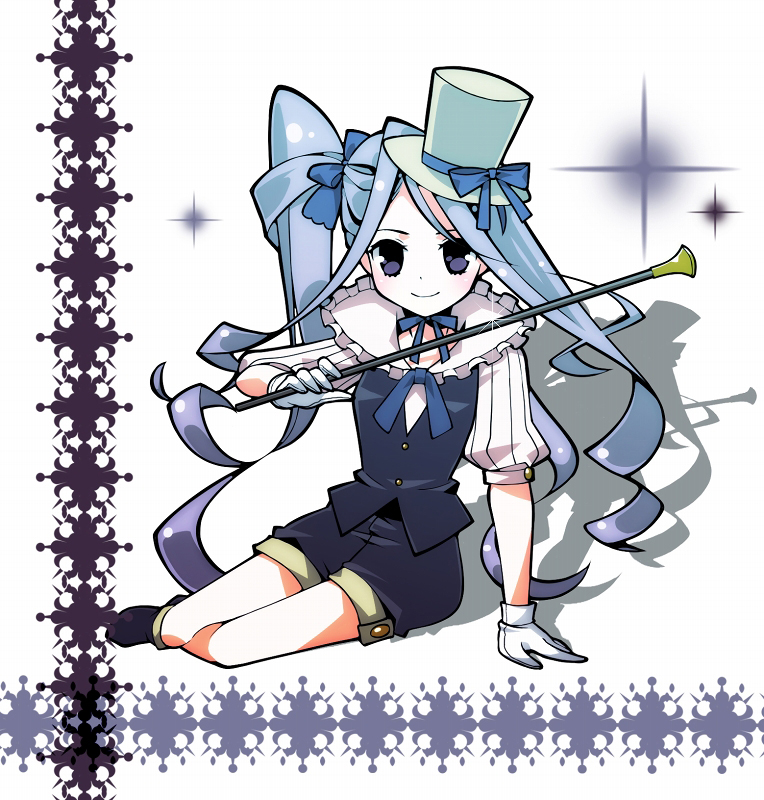 1girl, aki_saito, arm_support, bad_id, bad_pixiv_id, baton, blue_hair, cane
