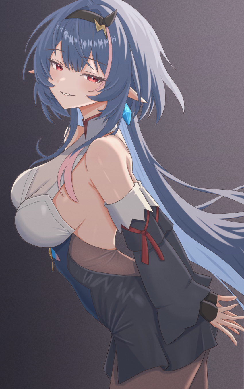 1girl, absurdres, arms_behind_back, bare_shoulders, black_dress, breasts, brown_pantyhose, cowboy_shot