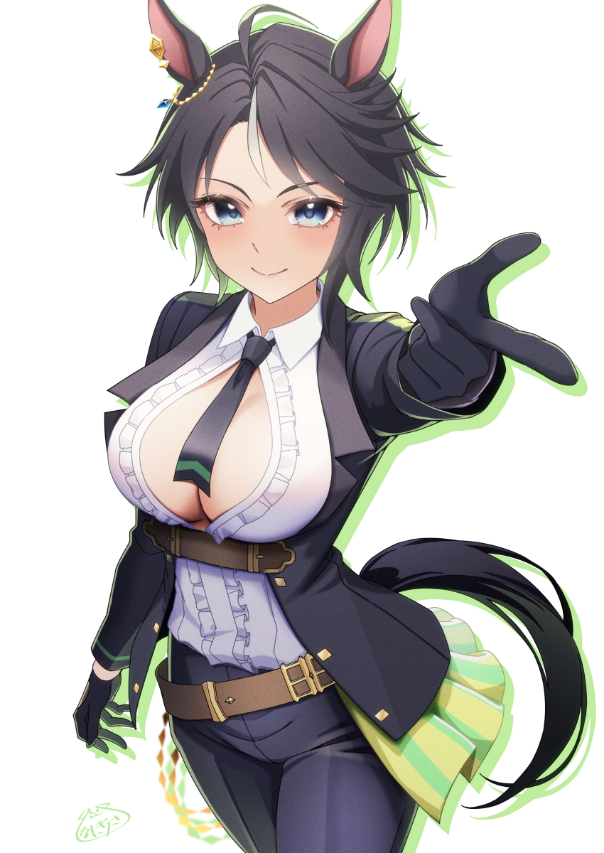 1girl, absurdres, ahoge, animal_ears, belt, black_gloves, black_hair, black_jacket, black_necktie, black_pants, blue_eyes, blush, breasts, brown_belt, center_frills, center_opening, cleavage, closed_mouth, collared_shirt, commentary_request, ear_ornament, ear_piercing, frilled_shirt, frills, fuji_kiseki_(shooting_star_revue)_(umamusume), fuji_kiseki_(umamusume), gloves, green_outline, hair_between_eyes, highres, horse_ears, horse_girl, horse_tail, inukai_nagisa, jacket, large_breasts, long_sleeves, looking_at_viewer, multicolored_hair, necktie, no_bra, open_clothes, open_jacket, outline, outstretched_arm, pants, partially_unbuttoned, piercing, shirt, short_hair, simple_background, smile, solo, tail, umamusume, white_background, white_hair, white_shirt