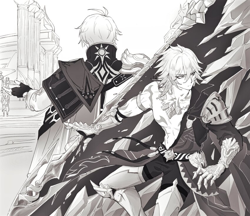 2boys, absurdres, antenna_hair, arm_tattoo, armor, black_coat, black_gloves, black_shirt