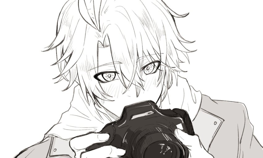 1boy, antenna_hair, blush, camera, chinese_commentary, commentary_request, greyscale, highres