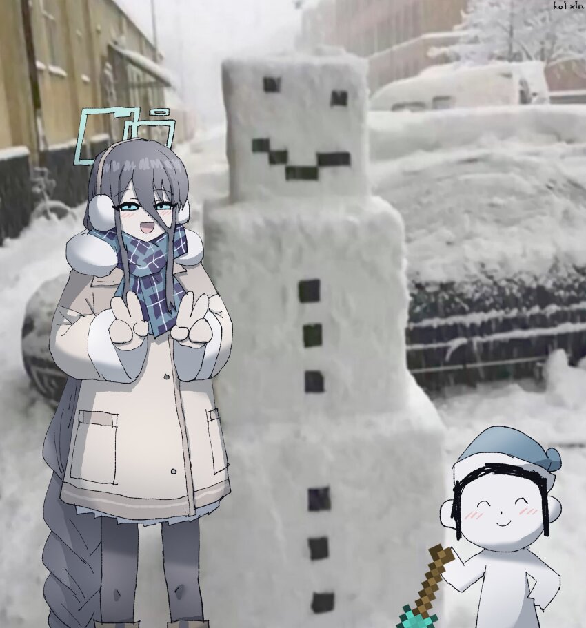 1boy, 1girl, :d, absurdres, alternate_costume, aris_(blue_archive), aris_(winter)_(blue_archive), black_hair