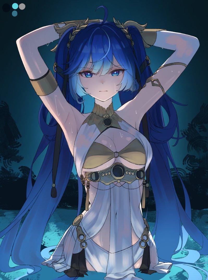 1girl, ahoge, ancient_greek_clothes, armlet, arms_up, bare_shoulders, blue_eyes, blue_hair
