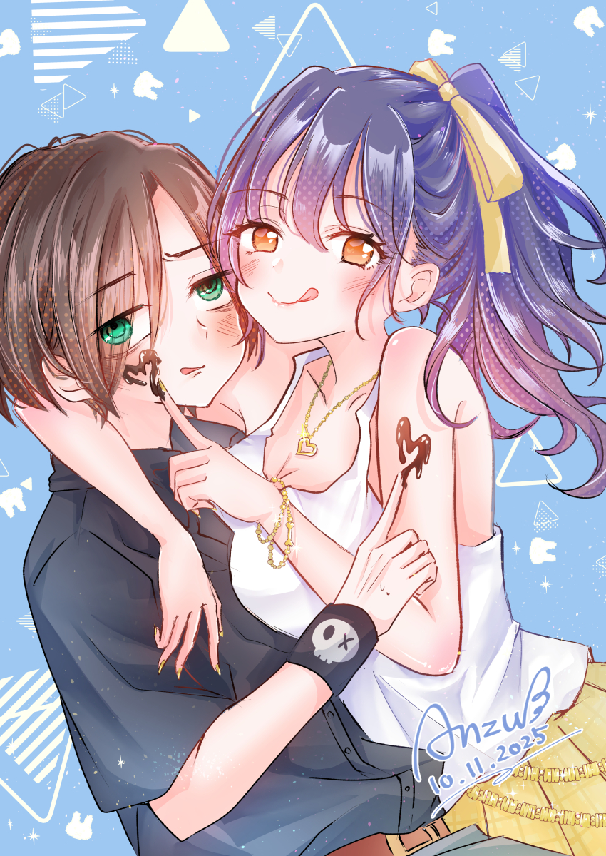 1boy, 1girl, 3-nyan, absurdres, alternate_eye_color, alternate_hairstyle, artist_name, bare_shoulders