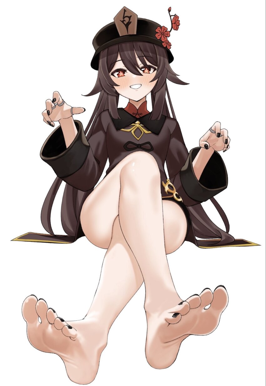 1girl, barefoot, black_hat, black_nails, blush, brown_hair, chinese_clothes, coattails