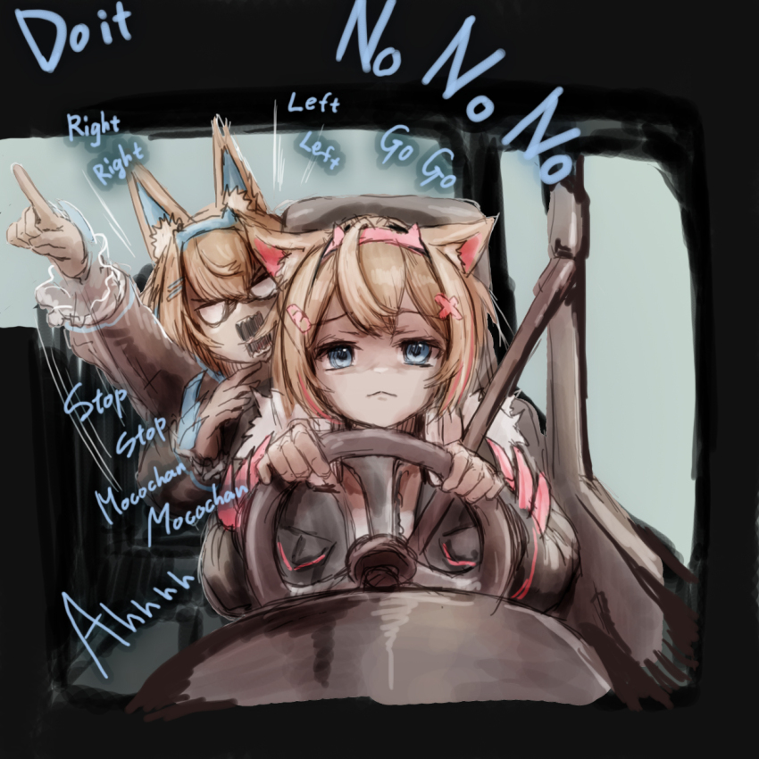2girls, ambulance_interior, animal_ear_fluff, animal_ears, blonde_hair, blue_hair, car_interior, dog_ears, dog_girl, dog_tail, driving, fur_trim, fuwawa_abyssgard, fuwawa_abyssgard_(1st_costume), hair_ornament, highres, hololive, hololive_english, jacket, long_hair, long_sleeves, mococo_abyssgard, mococo_abyssgard_(1st_costume), multicolored_hair, multiple_girls, nymph_rhythm, open_mouth, pointing, red_hair, seatbelt, short_hair, shouting, sound_effects, steering_wheel, tail, virtual_youtuber, x_hair_ornament