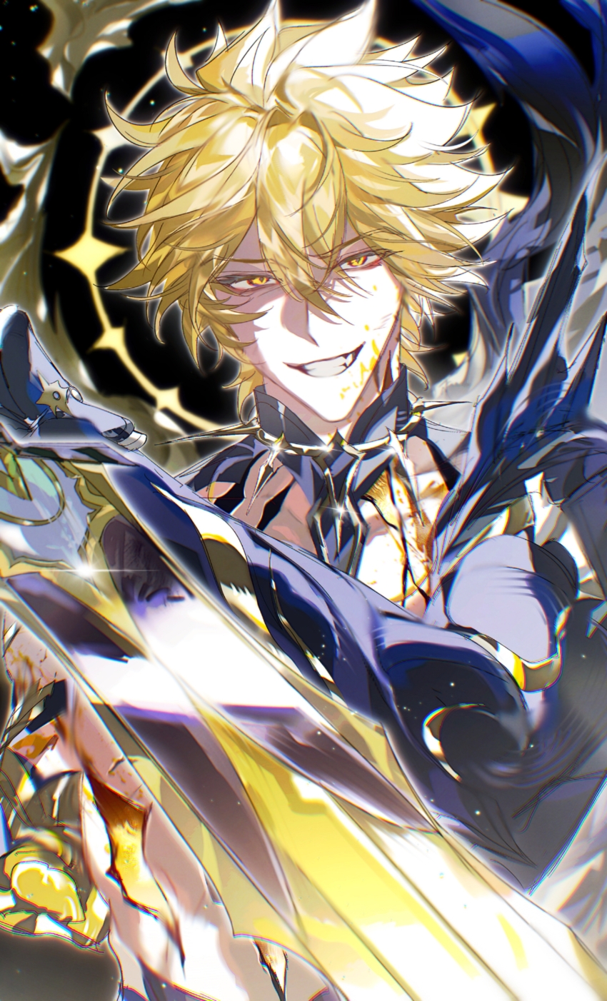 1boy, absurdres, alternate_form, blonde_hair, blood, blood_on_face, chinese_commentary, commentary_request