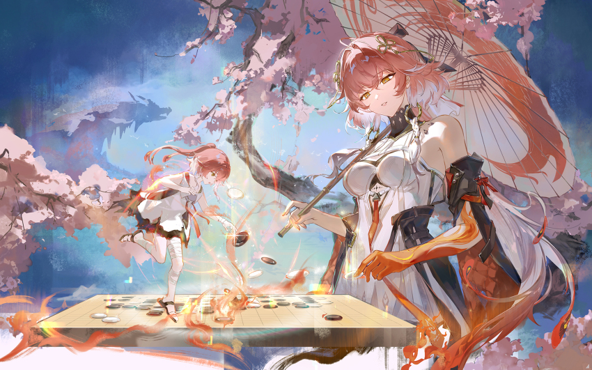 2girls, age_comparison, bandaged_leg, bandages, bare_shoulders, black_collar, black_jacket, black_sleeves