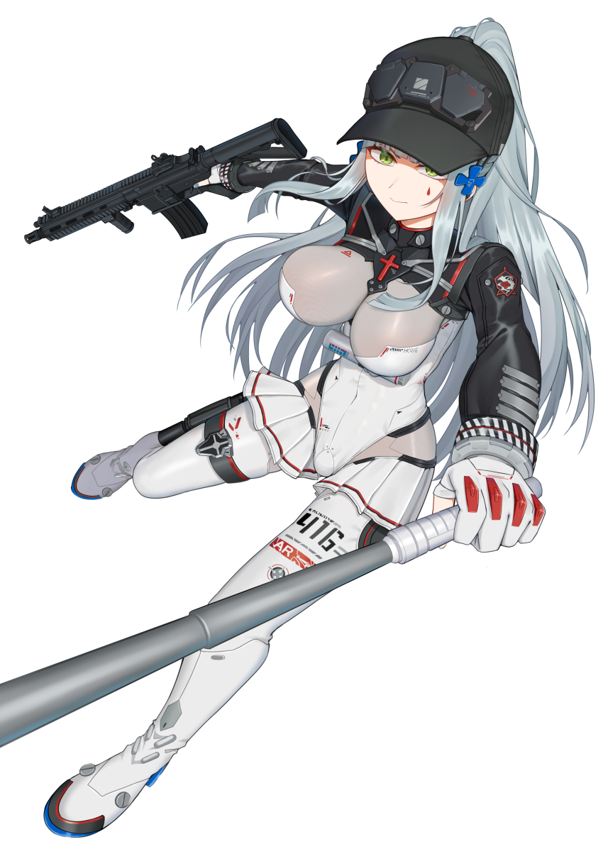 1girl, absurdres, assault_rifle, assless_skirt, baseball_cap, baton_(weapon), bodysuit, clothes_writing