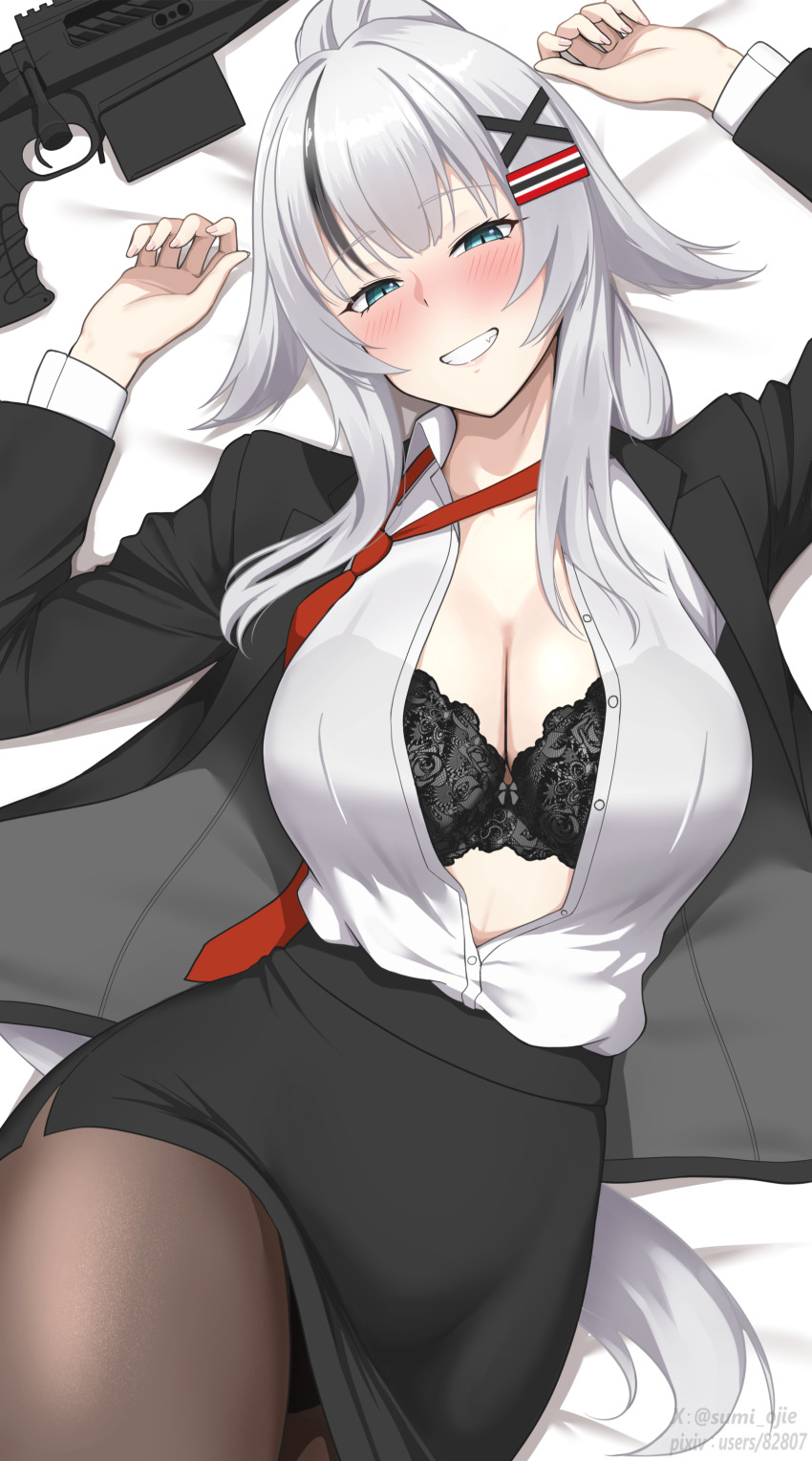 1girl, absurdres, aqua_eyes, black_bra, black_hair, black_jacket, black_pantyhose, black_skirt