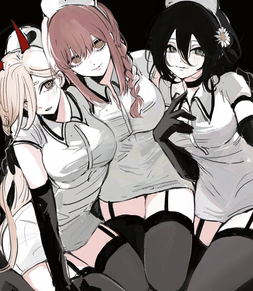 3girls, black_background, black_choker, black_garter_straps, black_gloves, black_hair, black_thighhighs, braid, chainsaw_man, choker, dress, elbow_gloves, flower, garter_straps, gloves, green_eyes, hair_between_eyes, hair_flower, hair_ornament, hat, highres, horns, long_hair, looking_at_viewer, makima_(chainsaw_man), mangmuze, multiple_girls, nurse, nurse_cap, pink_hair, power_(chainsaw_man), red_hair, reze_(chainsaw_man), short_sleeves, simple_background, sketch, smile, thighhighs, white_dress
