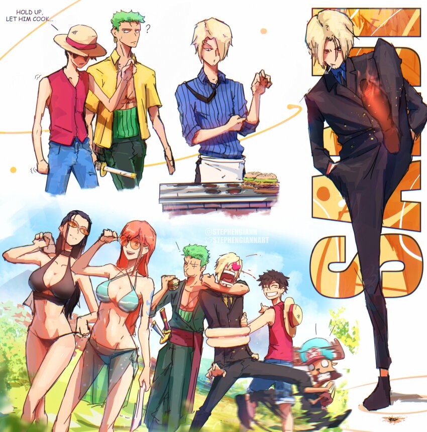 2girls, 4boys, ?, absurdres, antlers, arm_tattoo, bikini, black_hair